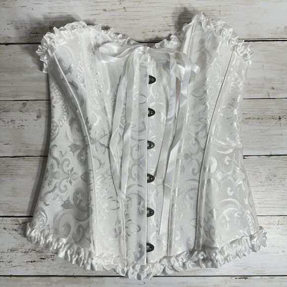 Pin Up White Jacquard Floral Lace Up Boned Frilly Corset Bustier Top S - Picture 5 of 16